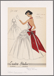 Halter evening gown of red faille and white chiffon; chiffon shirred from bodice to mid-thigh; red faille bow and tails at back