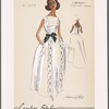 Sleeveless evening gown with embroidered eyelet trim; deep V at back with keyhole opening to waist; contrast bowed sash at waist