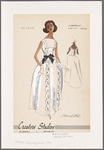 Sleeveless evening gown with embroidered eyelet trim; deep V at back with keyhole opening to waist; contrast bowed sash at waist