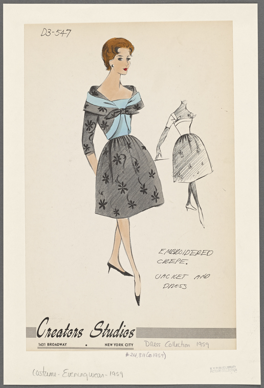 1950s evening wear fashion sketch - NYPL Digital Collections