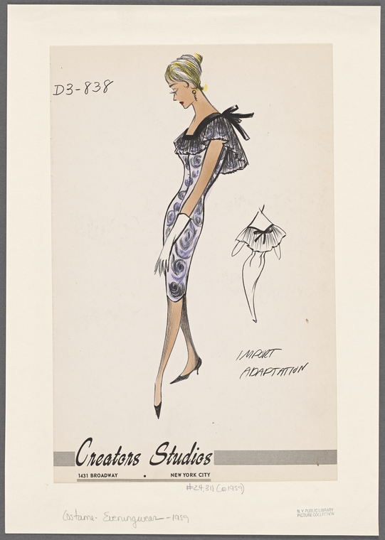 Print dress with wide lace collar and bow - NYPL Digital Collections