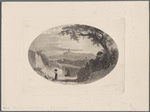 Oval landscape near Rome, woman with basket on her head in the left foreground