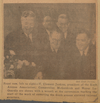 Front row, left to right--V. Clement Jenkins, president of the Sixth Avenue Association; Comptroller McGoldrick and Mayor LaGuardia are shown with a wreath at the ceremonies marking the start of the work of removing the Sixth avenue elevated railroad structure