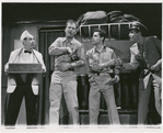 Unidentified actor, Ralph Meeker, Sal Mineo, and Tony Roberts in the stage production Something About a Soldier
