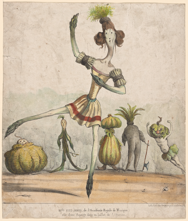 Louise Fitzjames, a tall and excessively thin dancer, depicted as a stalk of asparagus. Fitzjames dances in front of five other dancers depicted as vegetables.