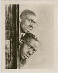 Publicity photograph of vaudeville comedy duo Miller and Lyles, looking from behind a door in unidentified comedy routine, between 1909 and 1928