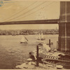View of Manhattan from Brooklyn; men working on bridge cables; Fulton ferry boat "Hamilton"; sailboats