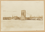 View of Brooklyn waterfront and Brooklyn Bridge under construction; temporary footbridge visible