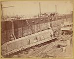 The obelisk "Cleopatra's Needle," not yet crated, on ramp in dry dock prior to being loaded onto ship "Dessoug"