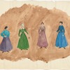 Costume design drawing of four women