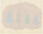 Costume design drawing of four women