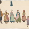 Costume design drawing of Tevye, Golde, and daughters