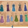 Costume design drawing of ten women