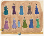 Costume design drawing of ten women