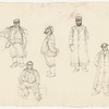 Costume design drawing of five men