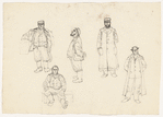 Costume design drawing of five men