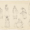 Costume design drawing of eight women
