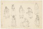 Costume design drawing of eight women