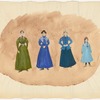 Costume design drawing of four women