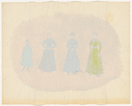 Costume design drawing of four women