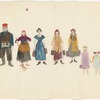 Costume design drawing of Tevye, Golde, and daughters