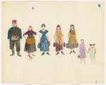 Costume design drawing of Tevye, Golde, and daughters