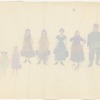 Costume design drawing of Tevye, Golde, and daughters