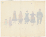 Costume design drawing of Tevye, Golde, and daughters