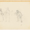 Costume design drawing of three unidentified characters