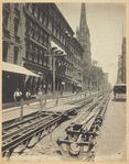 Excavation for streetcar tracks; Adams Exchange Co, C.B. Richards & Co, Financial and Mining Record, Wells Fargo & Co., American Excange Co., Empire Building, Trinity Church