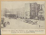 Terminal of the Hudson River Railroad in 1851, Chambers Street and West Broadway, now site of the Gerken Building