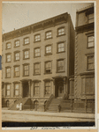 Brownstone row houses and town house; woman with children