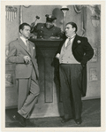 Alfred Drake, Rollin Smith, and Zero Mostel in the stage production Beggar's Holiday (set design by Oliver Smith)
