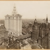 Aerial view of City Hall, Municipal Building, The World, Sun, Tribune and Times buildings; Brooklyn Bridge elevated station