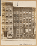 Brownstone row with children on stoop; apartment building