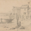 Unidentified, two building one a mill beside the sea or a lake. Also two boats tied to a tree stump