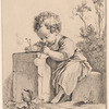 A child seated, blowing bubbles