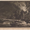 Countrymen fighting a fire by the side of a stream