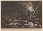 Countrymen fighting a fire by the side of a stream