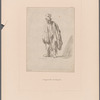 Beggar in a high cap, standing and leaning on a stick