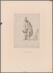 Beggar in a high cap, standing and leaning on a stick