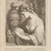 A woman mourning beside an urn on a plinth