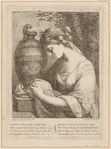 A woman mourning beside an urn on a plinth