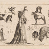 A sheet of sketches and studies : two figures, eight heads, a horse, two flowers. Words and letters are scribbled on the plate, among them la jeune maman, Habille, and Sophie