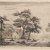 Landscape : a road, on which a figure is walk ing, passes two cottages under trees on the left