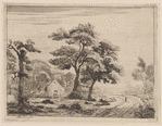 Landscape : a road, on which a figure is walk ing, passes two cottages under trees on the left