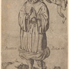 Caricature of Martin Luther as a wolf in monk's habit, with a small devil blowing evil thoughts into his ear. Dead sheep left and right on the ground.