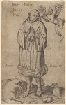 Caricature of Martin Luther as a wolf in monk's habit, with a small devil blowing evil thoughts into his ear. Dead sheep left and right on the ground.