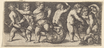 Seven children playing with a dog