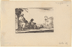 Deux pélerins assis et un paysan couché à plat ventre